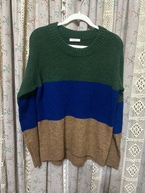 AYR The Kickback Crewneck Sweater Alpaca Wool Colorblock Green Blue Tan Size M